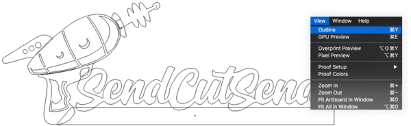 Image showing the SendCutSend logo with a laser gun design in a vector based design software with the "outline view" selected. Many of the lines are intersecting or disconnected, looking messy.