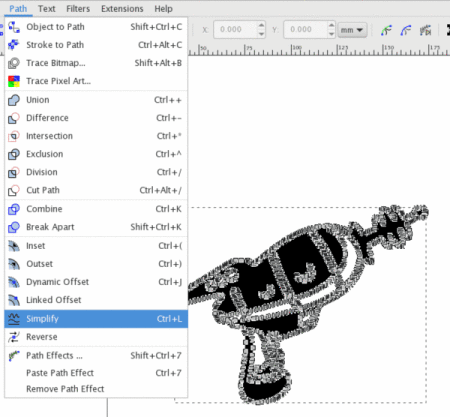 Image showing the Path dropdown menu in Inkscape with the same laser gun from the previous image in the background. The "Simplify" option in the dropdown menu is highlighted.