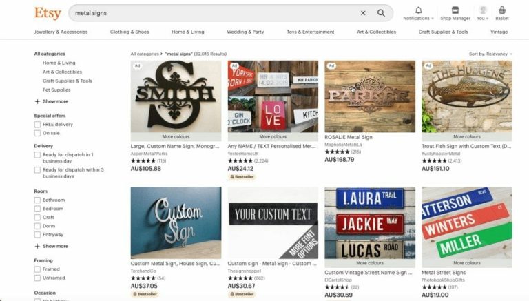 Image of the Etsy homepage with "metal signs" typed into the search bar with several laser cut products available for purchase. 