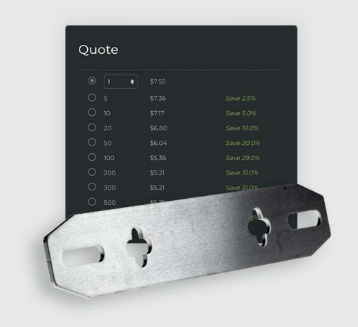 Image of the SendCutSend quantity discount screen with an aluminum part in front of it