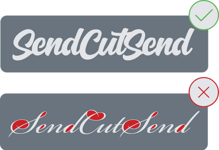Image showing the SendCutSend logo reverse cut out of a gray rectangle with a green check mark next to it. There is also another gray rectangle with SendCutSend written in a calligraphic font and a red X. This font is not recommended per our design tips. 