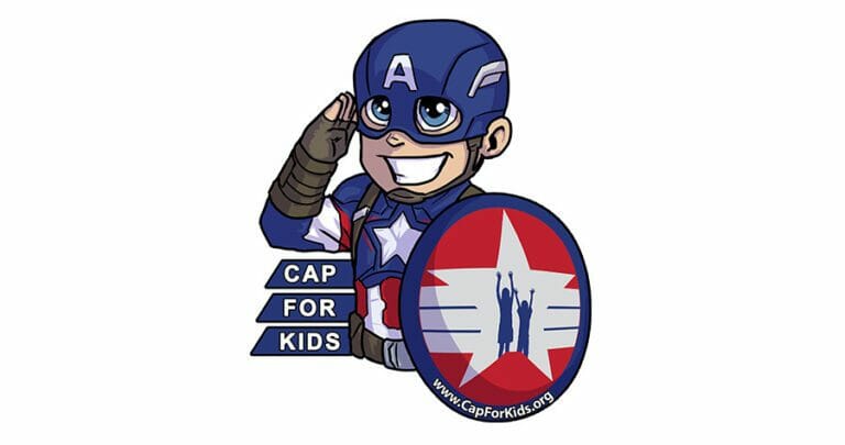 Illustration of Captain America saluting, holding a shield with the Cap for Kids website address on it.