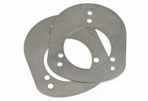 Image of two laser cut cold rolled carbon steel brackets on a white background