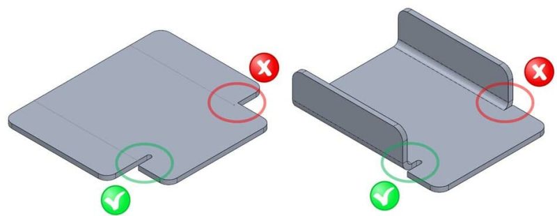 Image showing a bent part with one side including obround bend reliefs and a green check mark, and the other side showing no included bend reliefs and a red X.