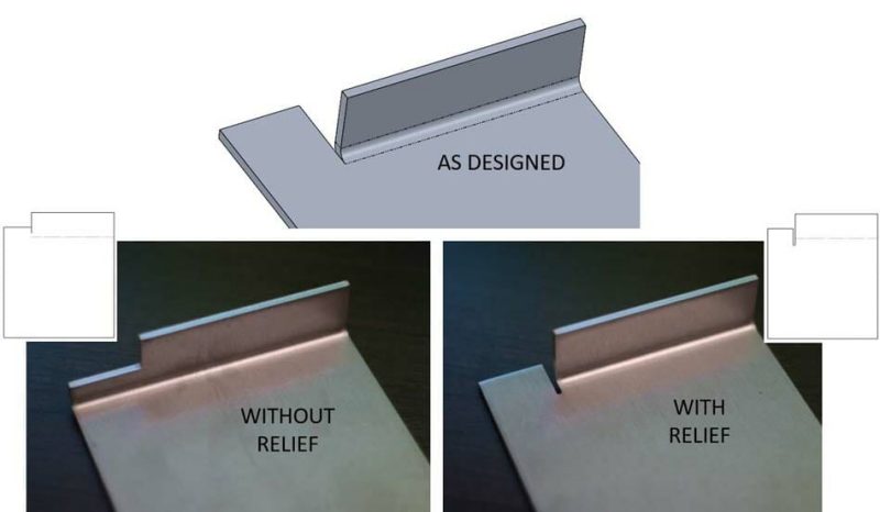 Image showing a modeled part and its physical counterpart with and without bend reliefs next to a flat
(not bent) flange.