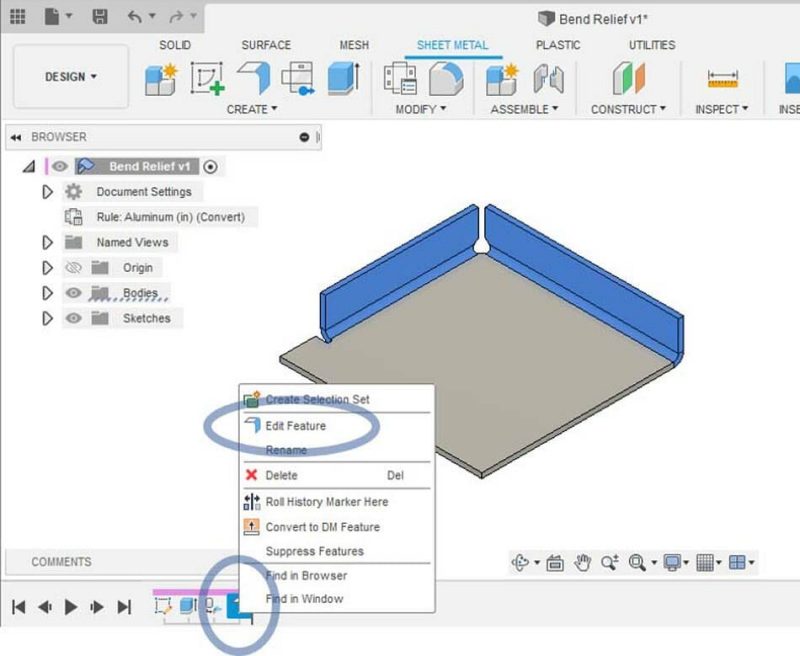 Image showing the "Edit Feature" option circled under a box that opens when a bend is selected