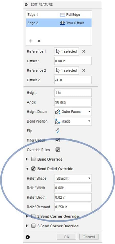 Image showing the dialogue box that opens for overriding bend defaults in Fusion 360