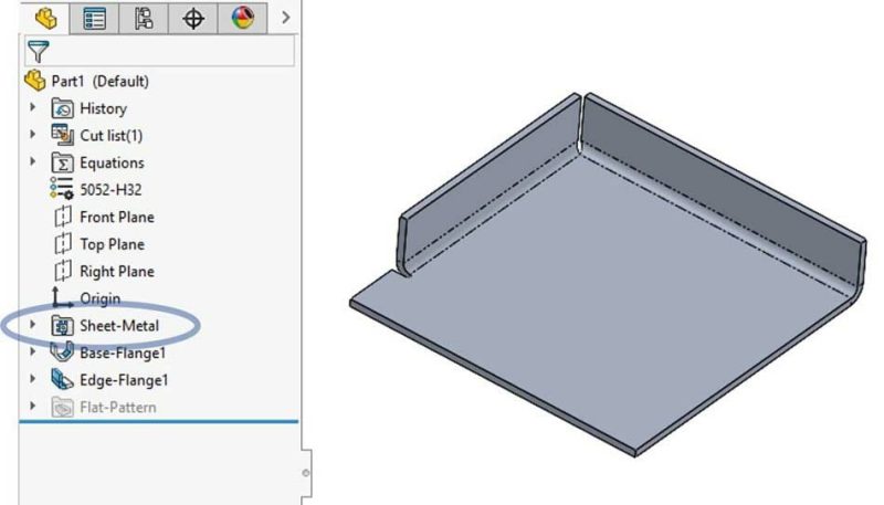 Image showing the Sheet Metal dropdown menu in Solidworks