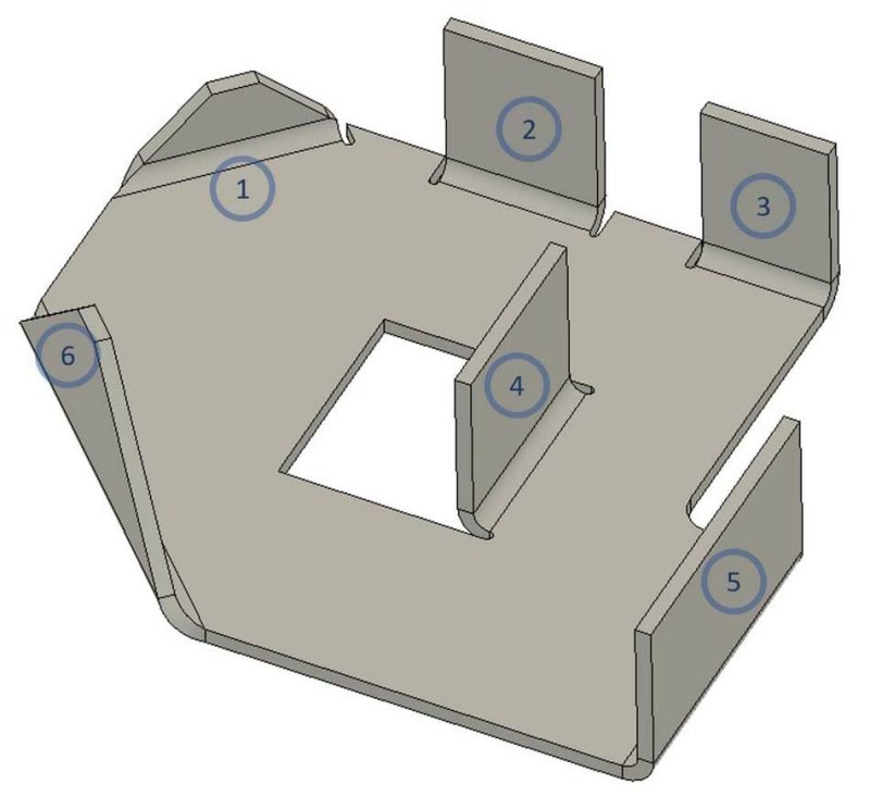 Image showing the same part from the previous image but in a 3D view with all 6 bends actually bent out.