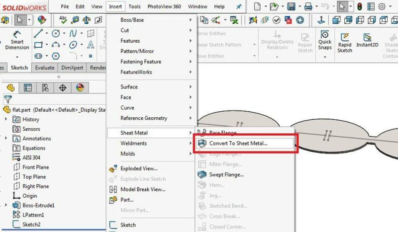 Image of the dropdown menus in Solidworks with "Convert to Sheet Metal" highlighted with a red box around it