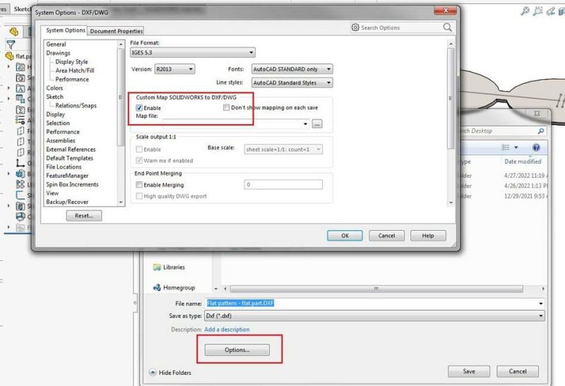 Image of the "Save As" dialog box with "Enable" selected under "Custom Map SOLIDWORKS to DXF/DWG"