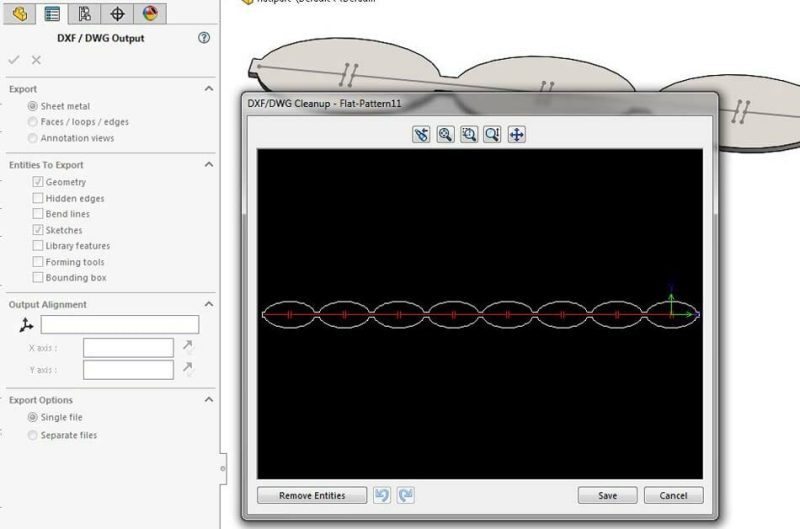 Image of the preview window in Solidworks with the example part shown in outline mode. The outer cut lines and no-kerf cut lines are now two different colors: white and red.
