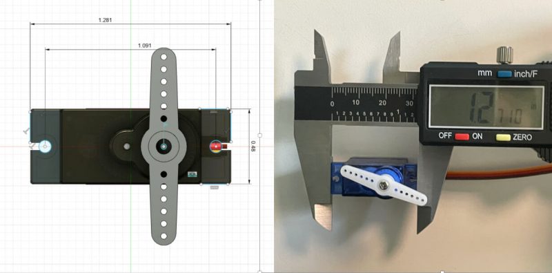 Screenshot of a part modeled in Fusion 360 next to an image of the part measured in calipers 