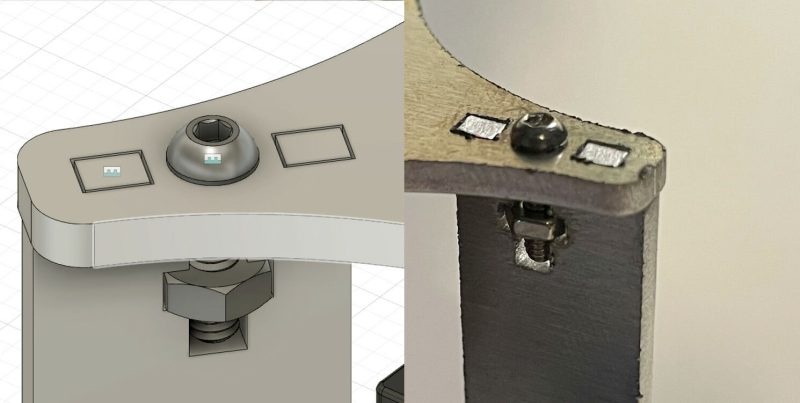 Screenshot of hardware modeled in Fusion 360 next to the image of the actual hardware in the part