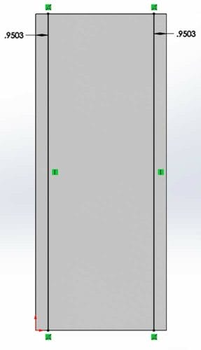 Screenshot of two bend lines on the sheet metal part in Solidworks, each set at .9503" from the edge.