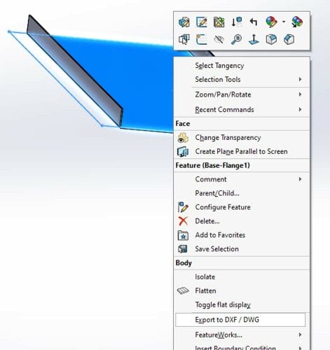 Screenshot of the export dropdown menu in Solidworks, with Export to DXF/DWG highlighted.
